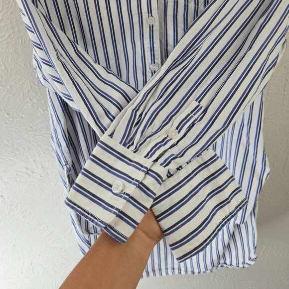 Maeve Buttondown Shirt Blue White Striped Oversized Preppy Nautical Cotton Top - Picture 5 of 13